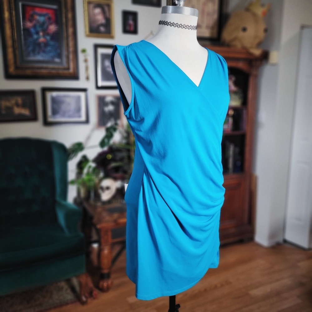 Sofia Vergara Mini Dress Blue Ruched Sleeveless V-Neck Bodycon Cocktail Party L